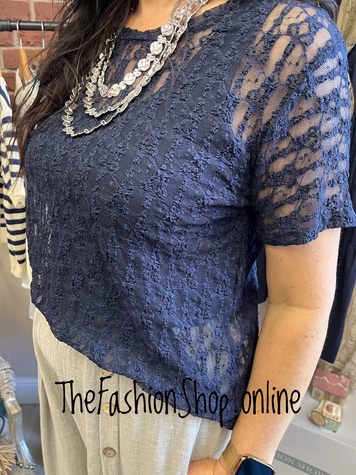 Bonnie navy short sleeve lace top 14-20