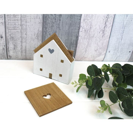 Square heart coasters in house holder in natural wood