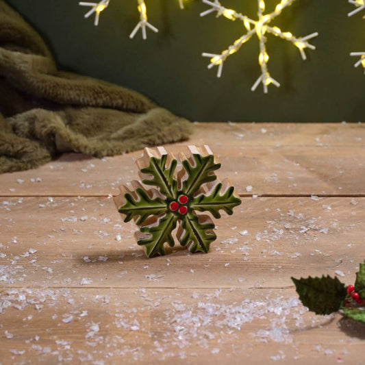Christmas mango wood holly painted snowflake - small