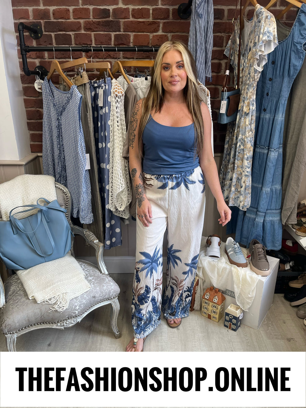 Wendy blue and cream palm leaf trousers 8-14