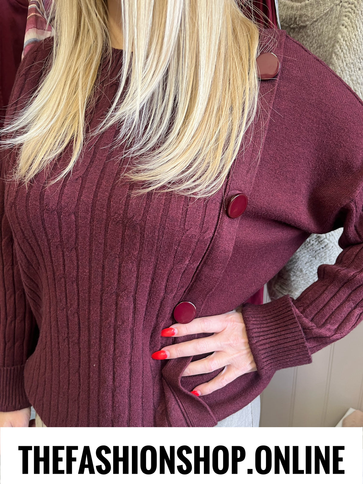 Alison wine cable knit button jumper 10-18