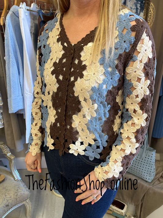 Liv brown, blue and cream crochet cardigan 8-10 and 12-14