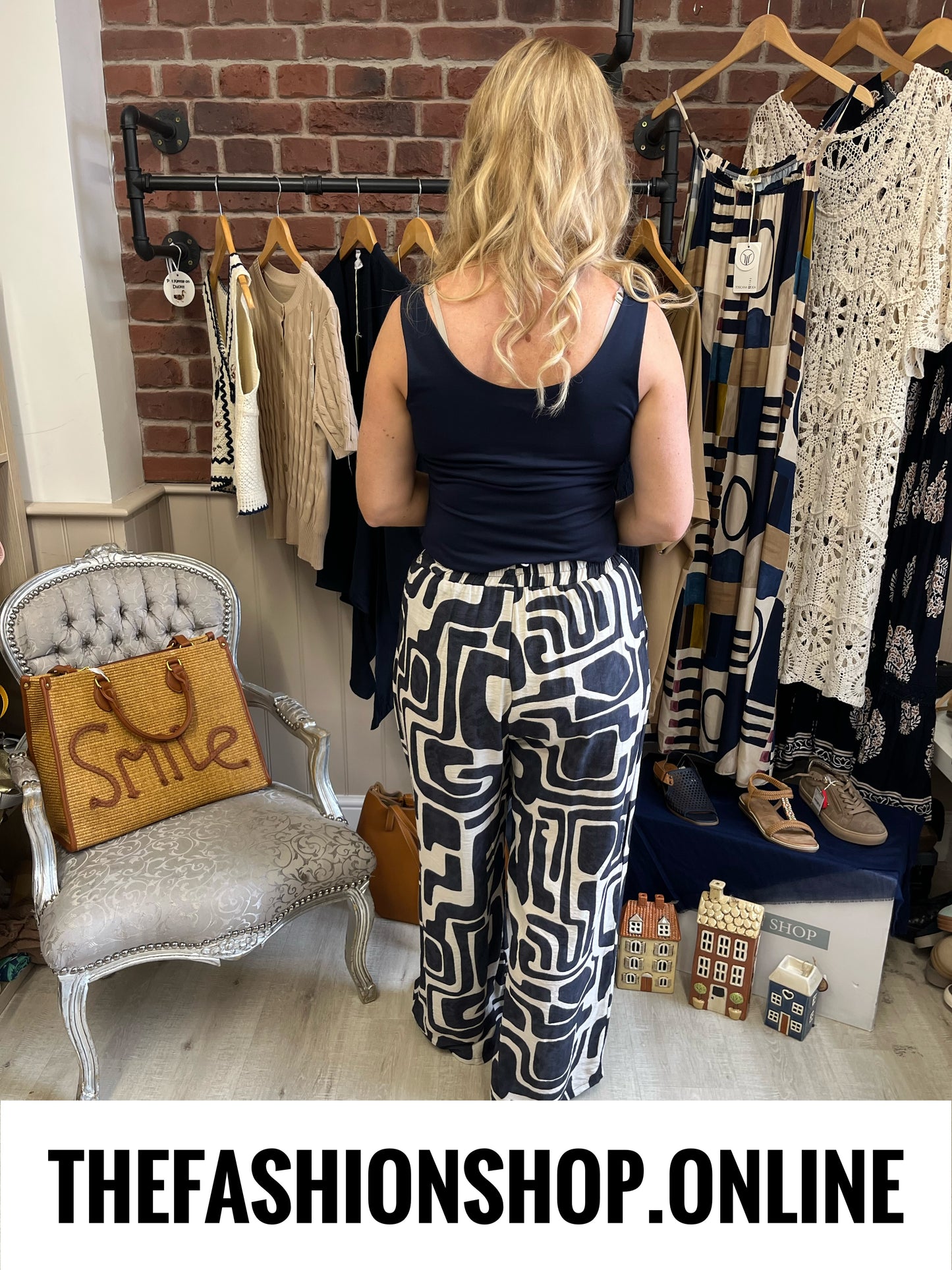 Tasmin navy and beige linen mix trousers 8-10 and 12-14
