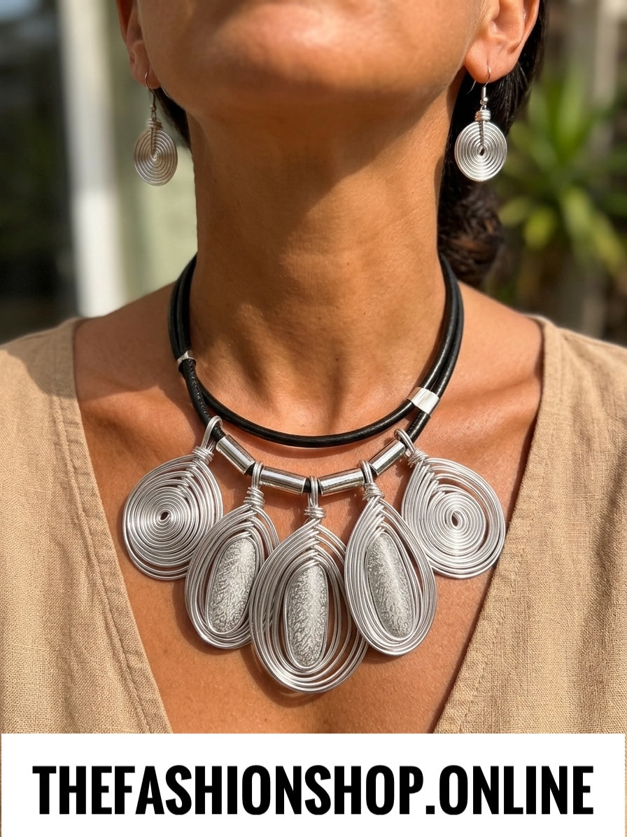 The Empress Statement Necklace and Earrings in Black and Silver