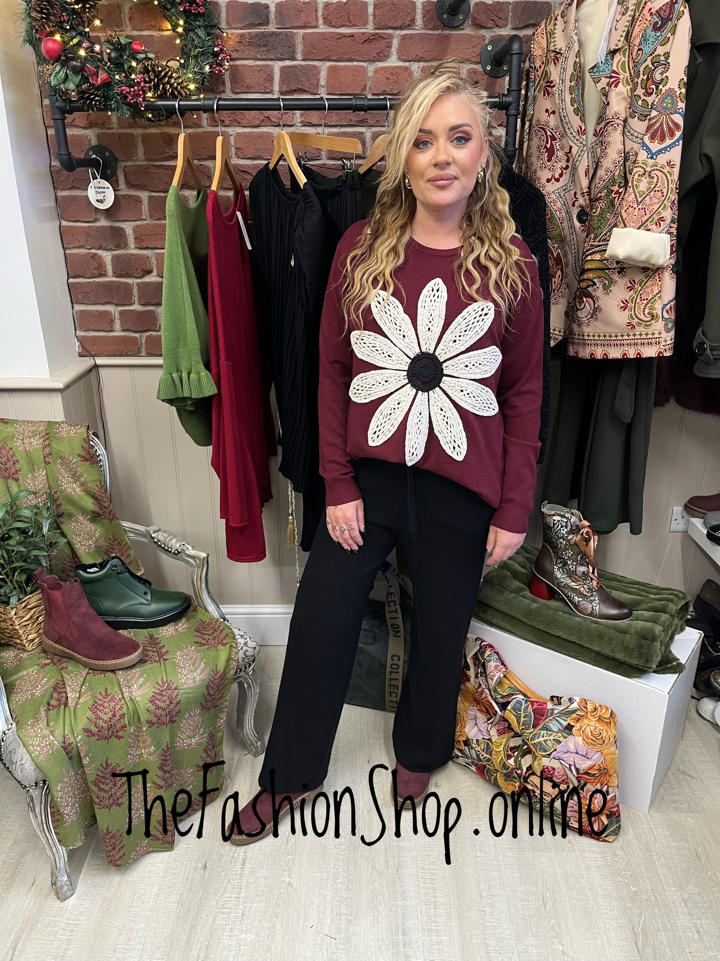 Freya wine embroidered flower jumper 10-16