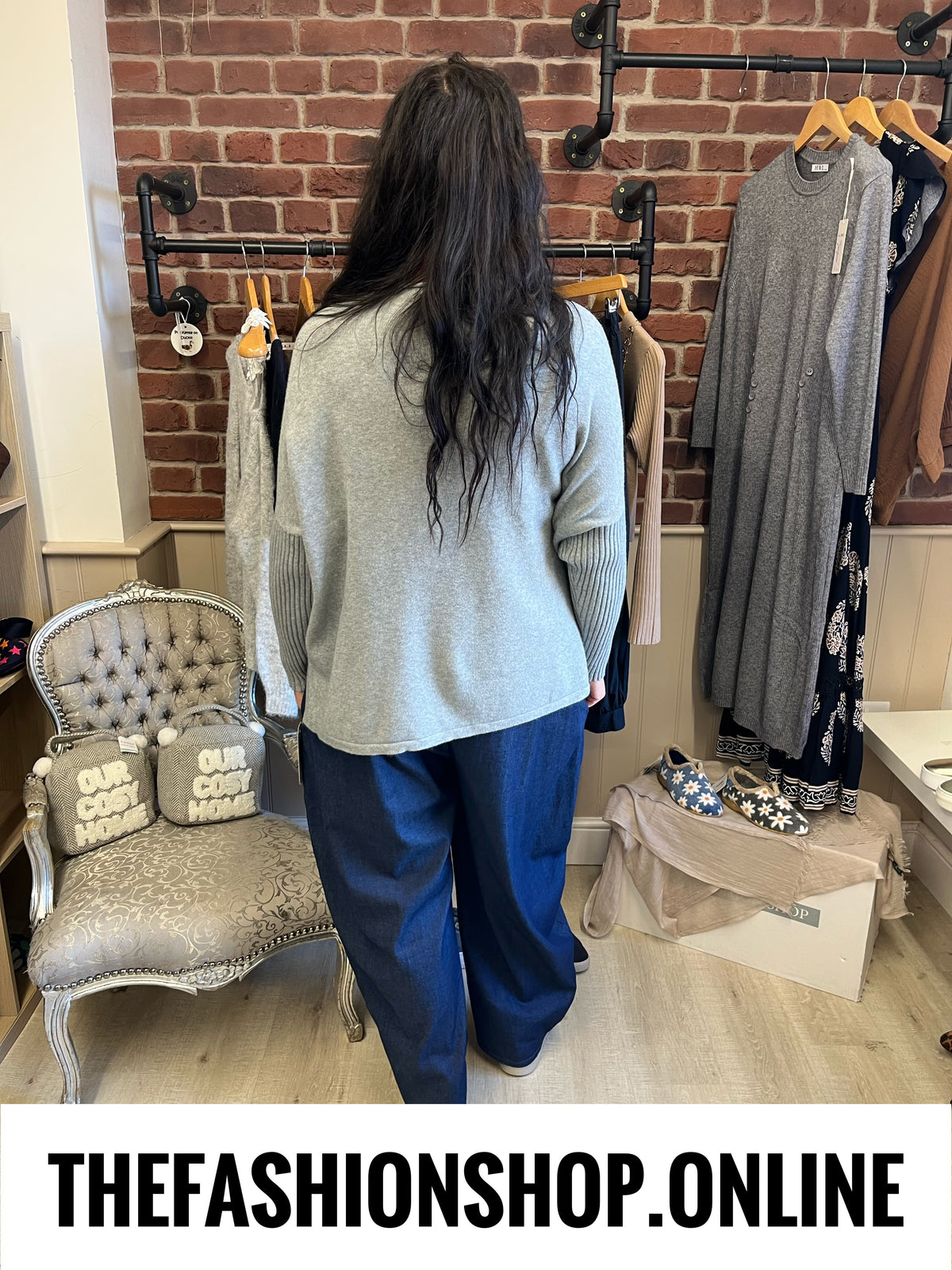 Faye grey cashmere mix ribbed sleeve jumper 14-22
