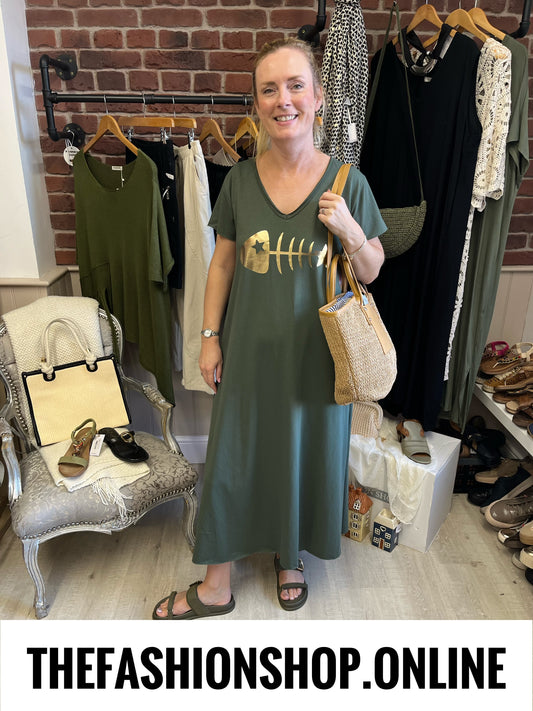 Eden Khaki Gold Fishbone dress 10-18