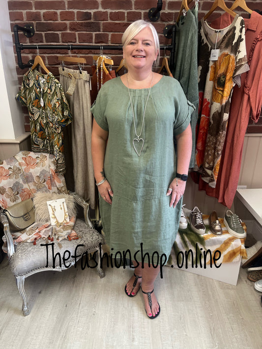 Louisa khaki linen dress 14-20