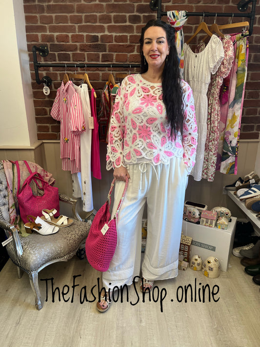 Sandy pink and white crochet layering top 10-16