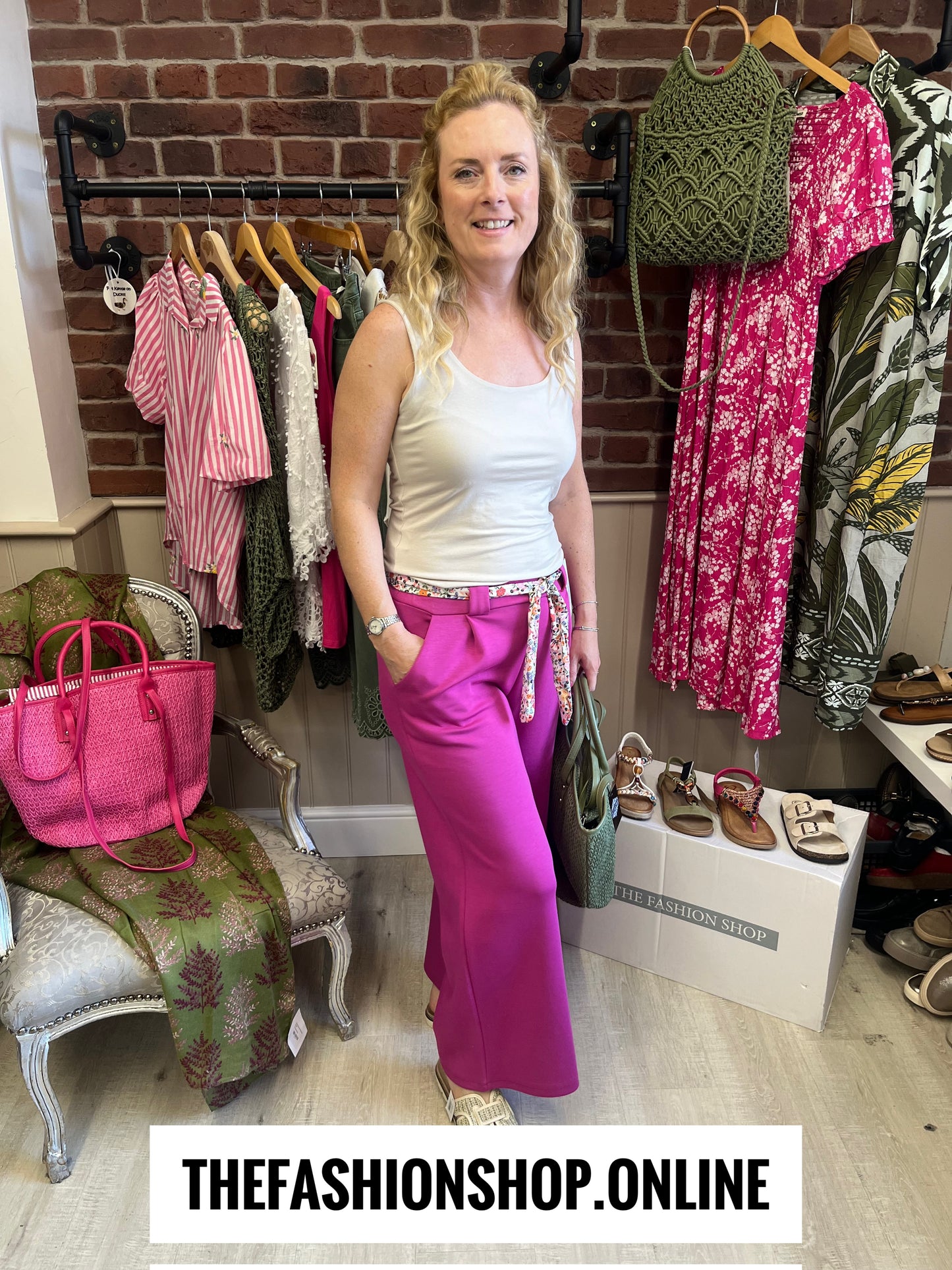 Bridget pink wide leg trousers with floral belt 8-12 and 14-16