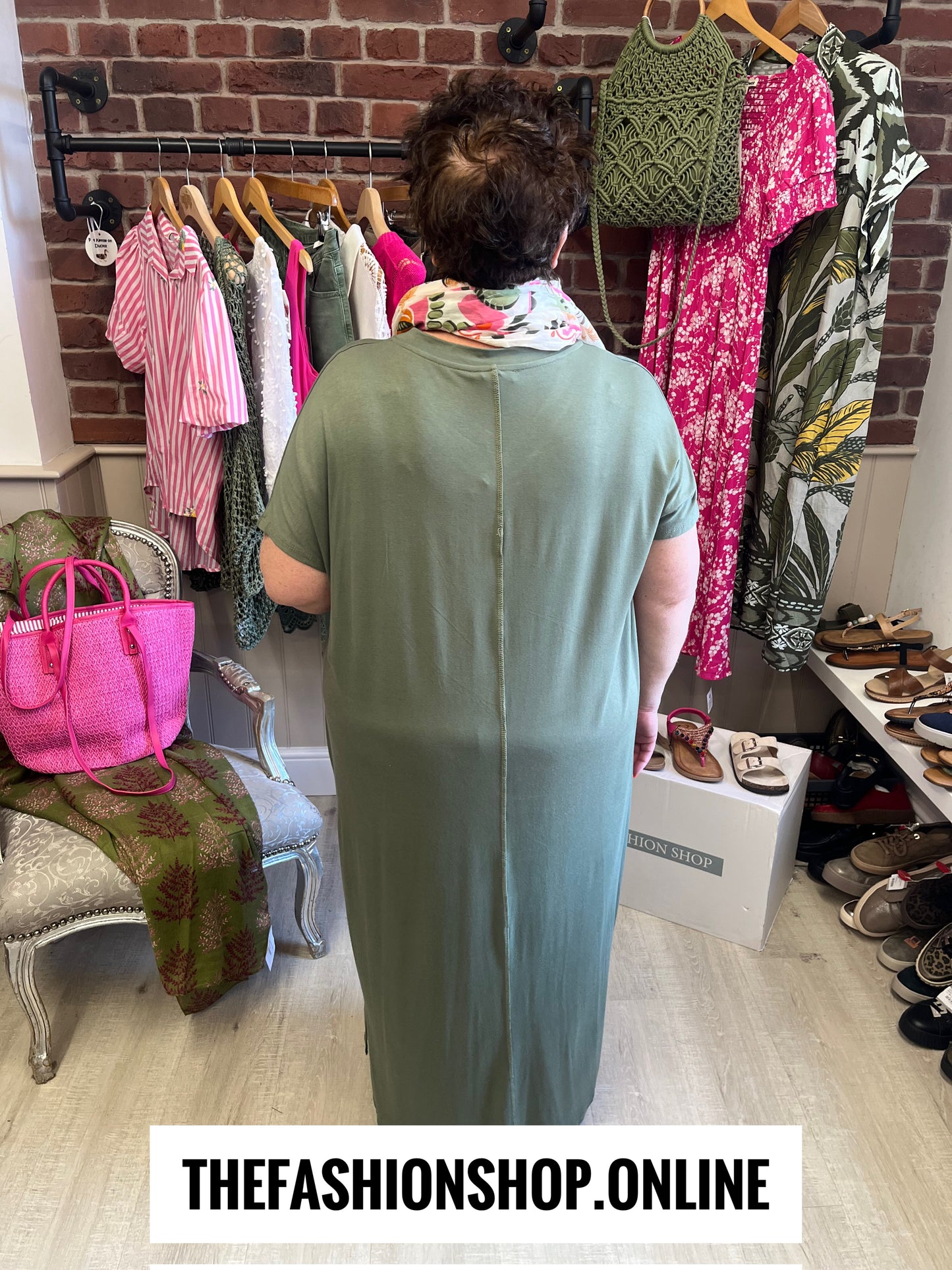Khaki V neck dress up dress down dress with side split 16-26