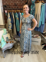 Lillie blue and cream print gypsy maxi dress 8-18