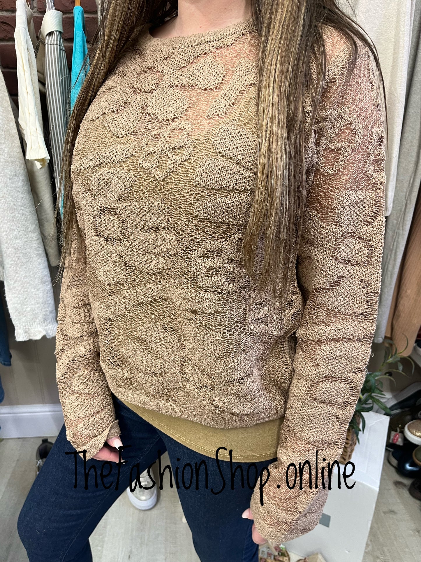 Heidi camel linen mix lace jumper 8-14