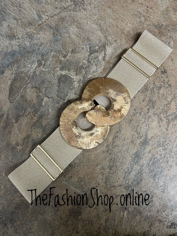 Gold large buckle elasticated statement belt
