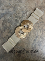 Gold large buckle elasticated statement belt