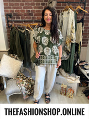 Hannah green boho print linen mix top 12-18