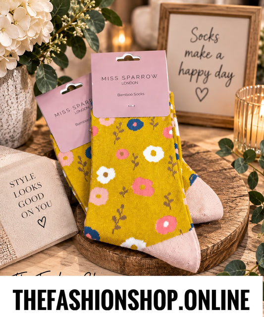 Miss Sparrow Yellow Floral Pattern Bamboo socks 3-7