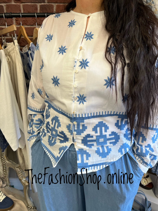 Bella blue and white embroidered blouse 10-12