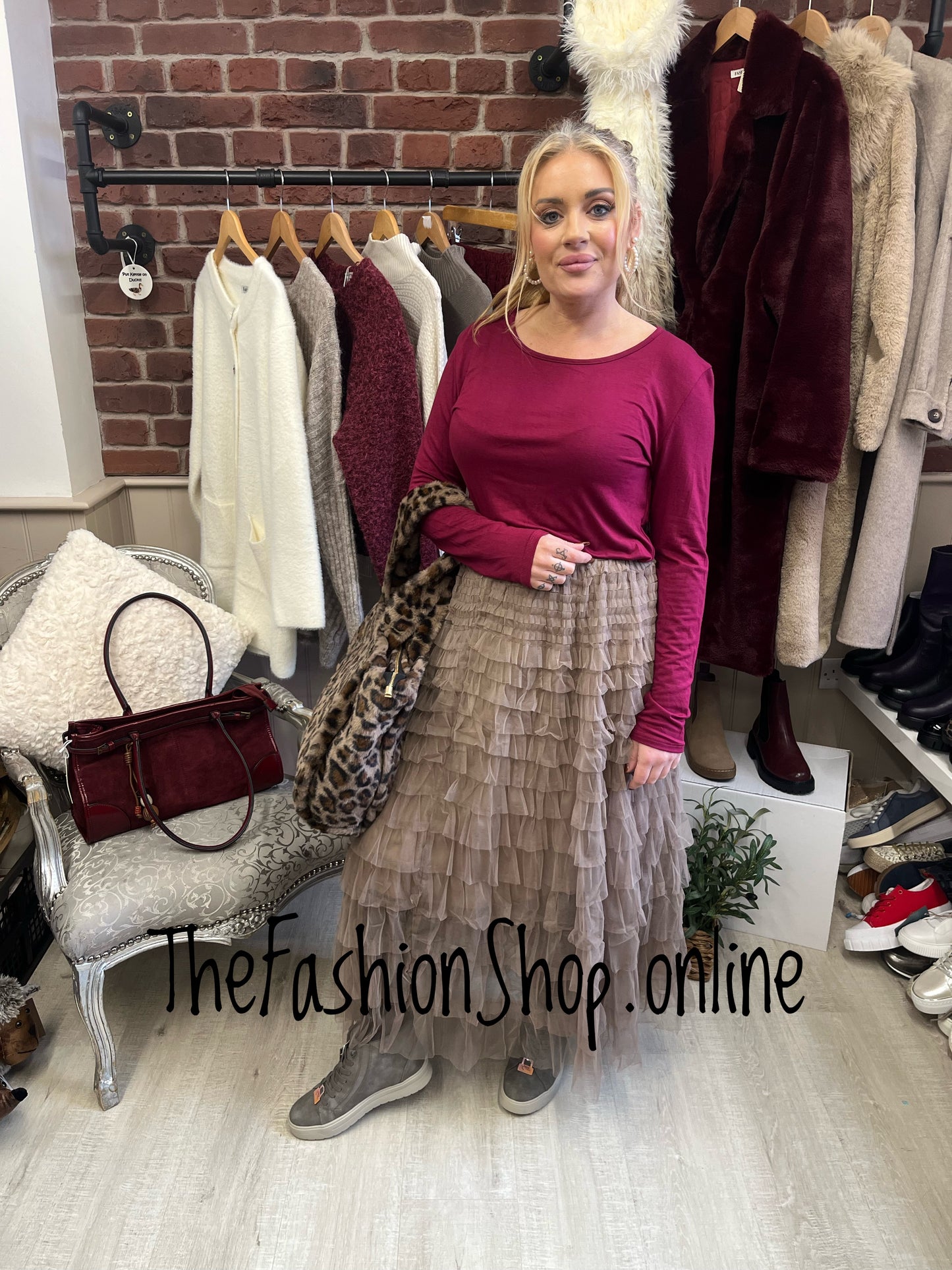 Lottie mocha mesh tiered skirt 8-14