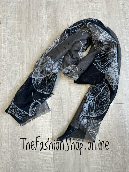 Black and white leaves lightweight scarf
