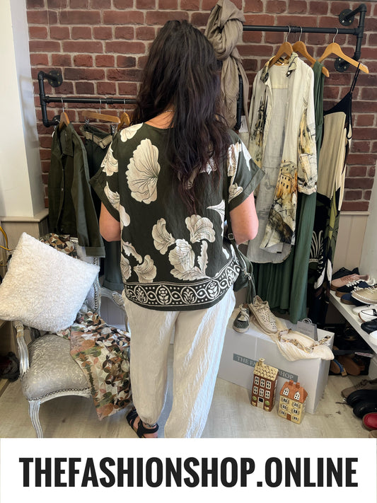 Hannah green floral linen mix top 12-18