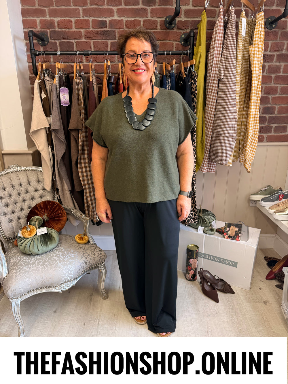 Elsa Khaki Green V neck knitted top 10-20