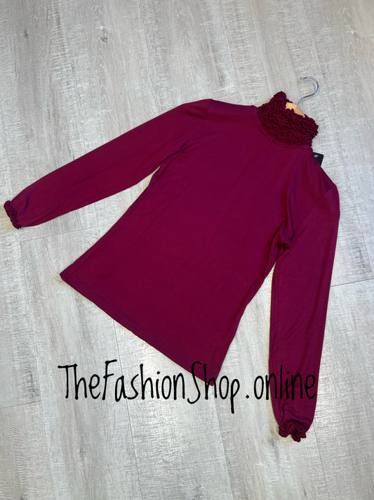Heidi wine ruffle neck polo top 8-10