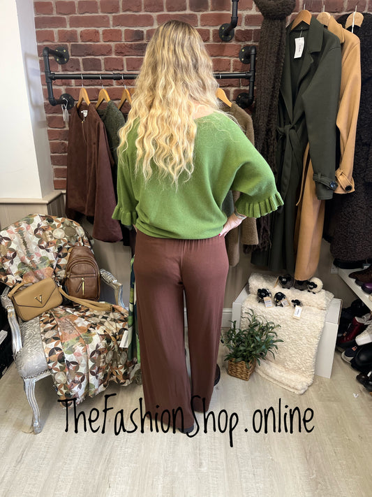 Tess green jumper with frill sleeve 8-14