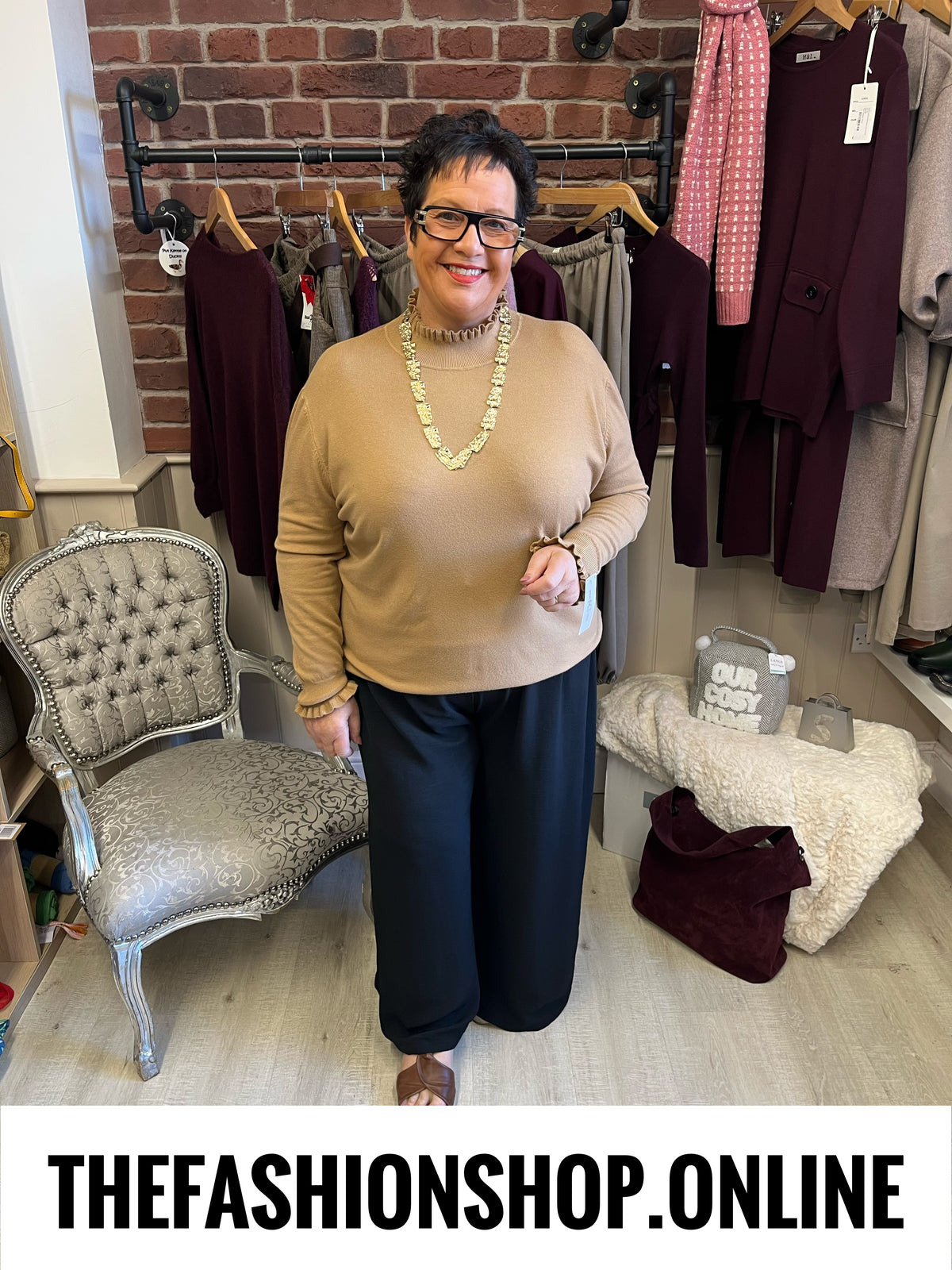 Monroe camel frill neck fine knit jumper sizes 8-14 and 16-22
