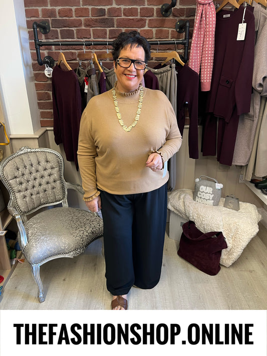Monroe camel frill neck fine knit jumper sizes 8-14 and 16-22