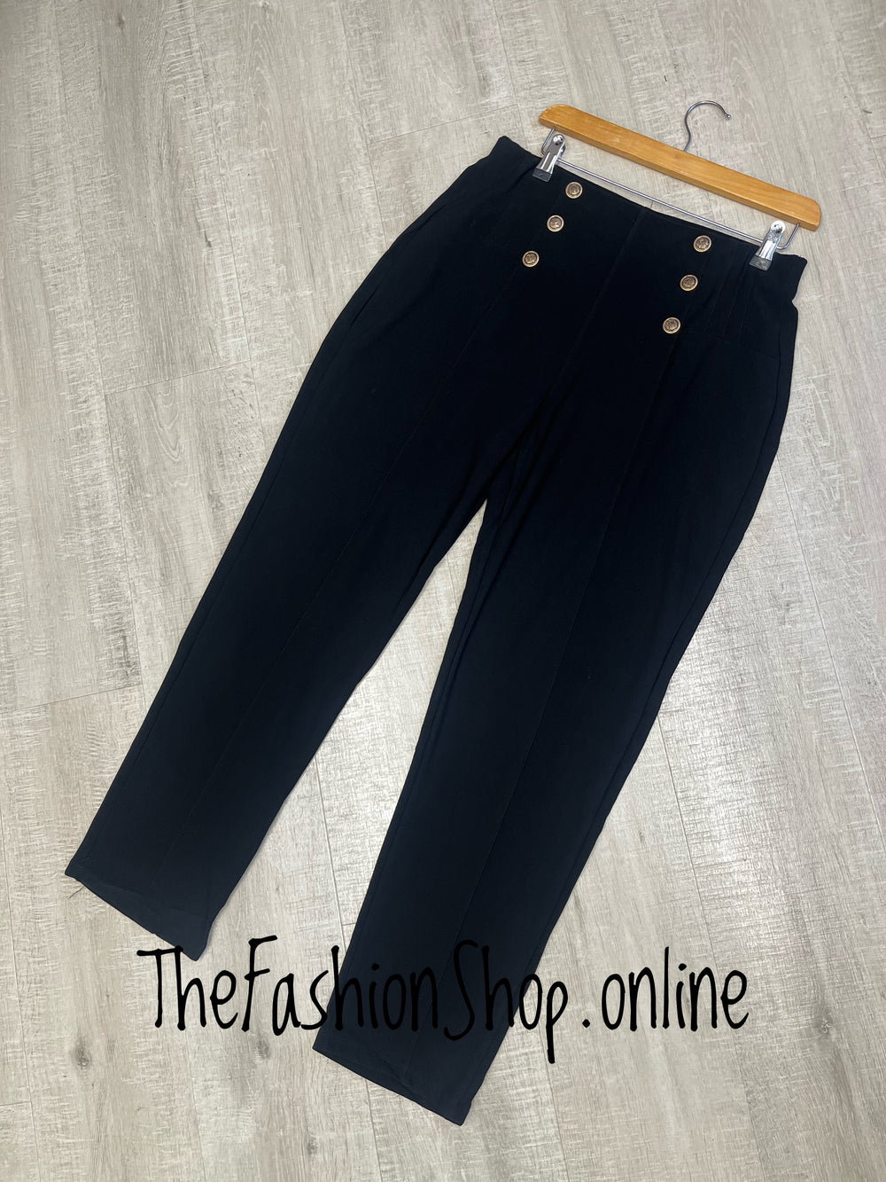 Emmy black slim leg button trousers sizes 12, 14, 16, 18, 20