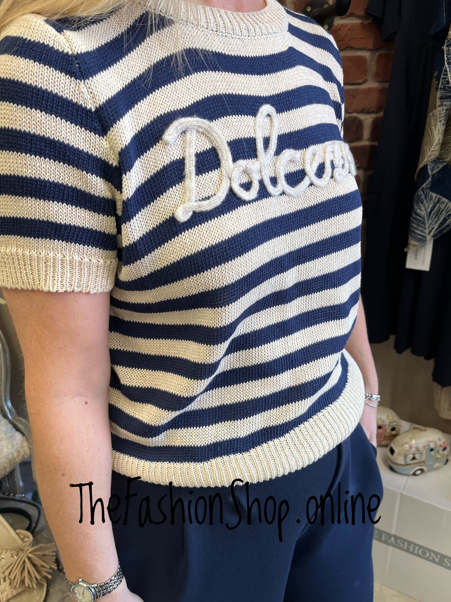 Anya navy and beige striped knitted top 8-14