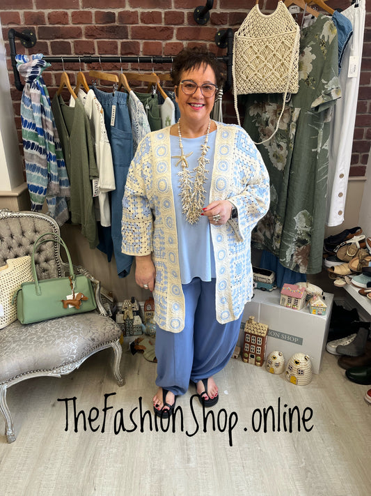 Emily light blue and cream patterned crochet cardigan 14-22