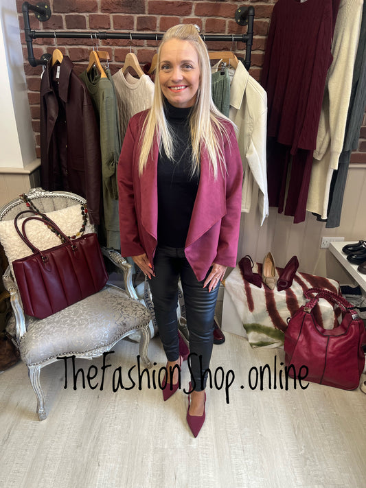 Rebecca wine faux suede waterfall jacket 8-14