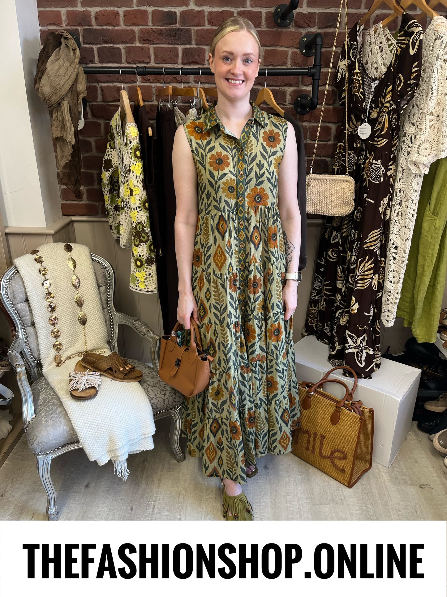 Reese khaki floral leaves tiered dress sizes 10, 12 and 14