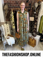 Reese khaki floral leaves tiered dress sizes 10, 12 and 14