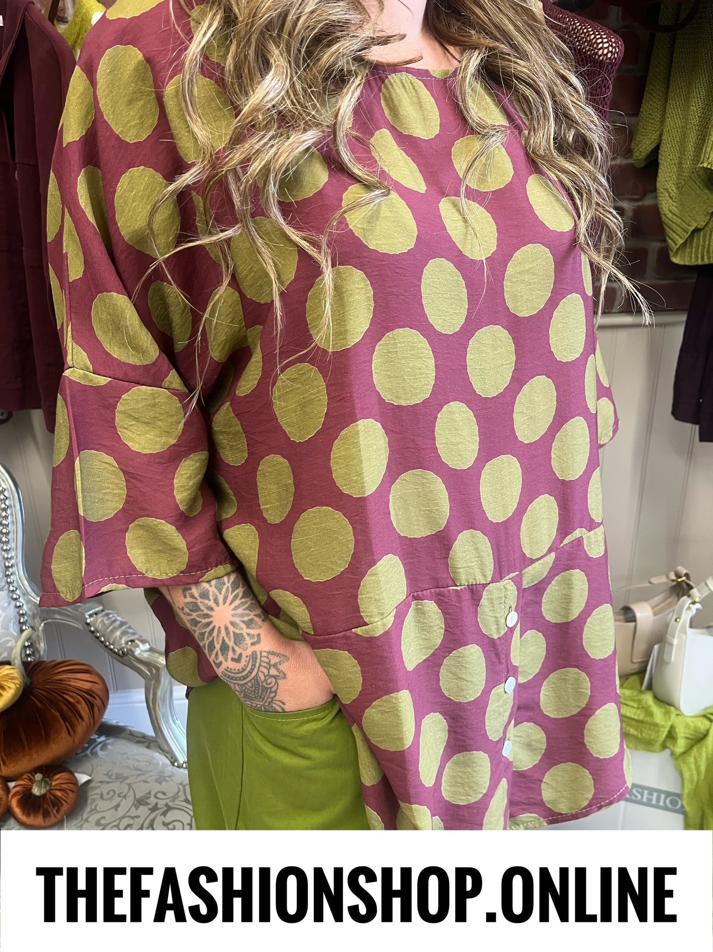 Nancy mulberry and olive spot button top 14-20