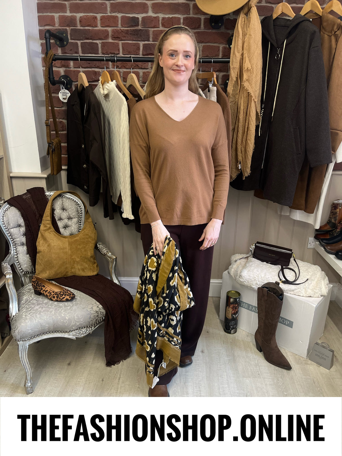 Harlow camel V neck fine knit jumper 14-20