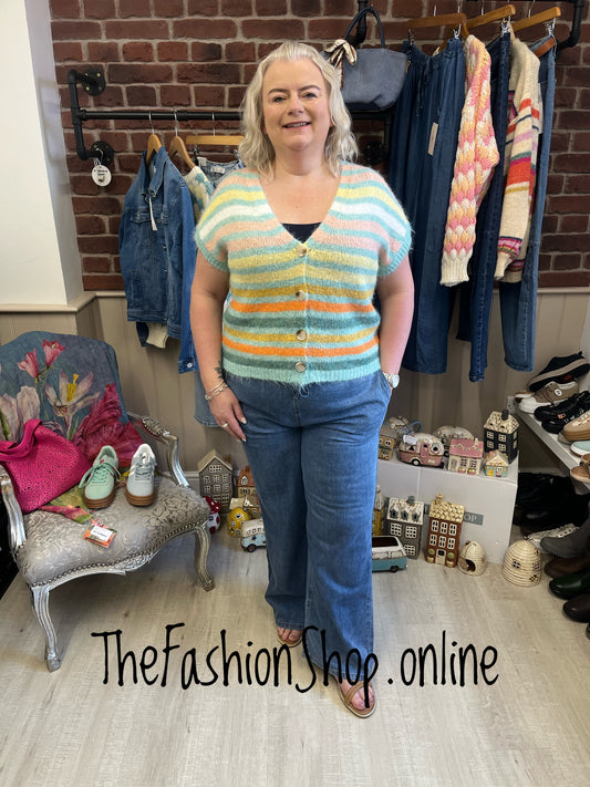 Bonnie aqua striped wool mix knitted waistcoat 8-12 and 14-18