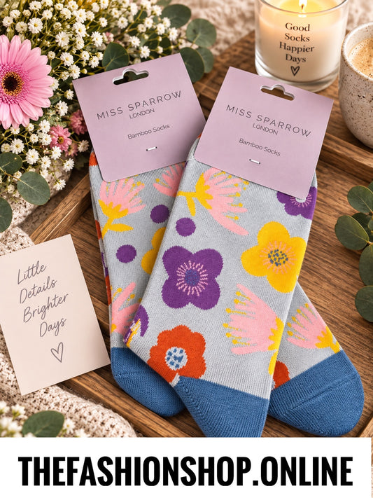 Miss Sparrow Silver Modern Floral Bamboo socks 3-7
