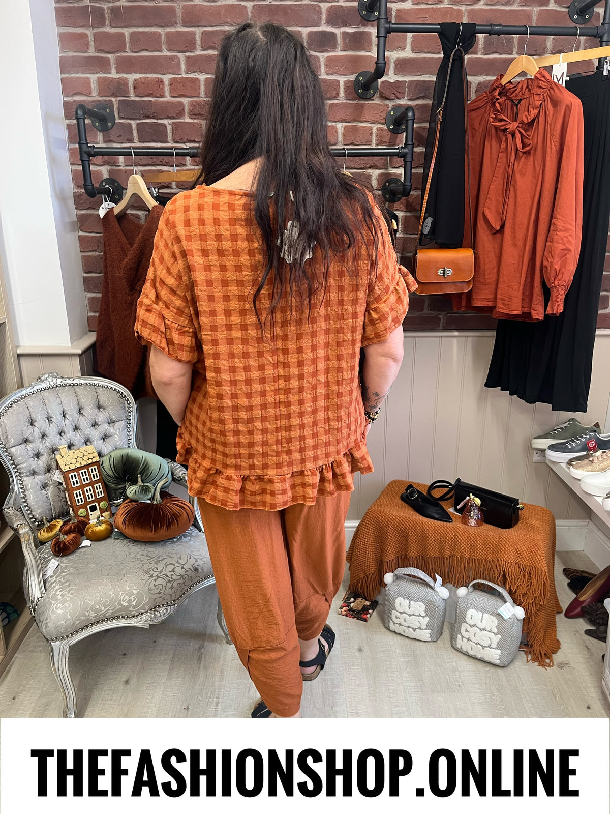 Vivian cinnamon gingham frill hem top 10-18
