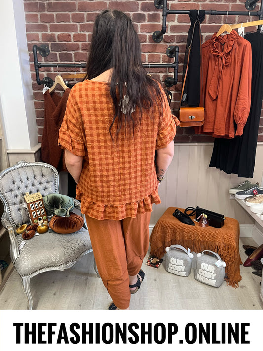 Vivian cinnamon gingham frill hem top 10-18