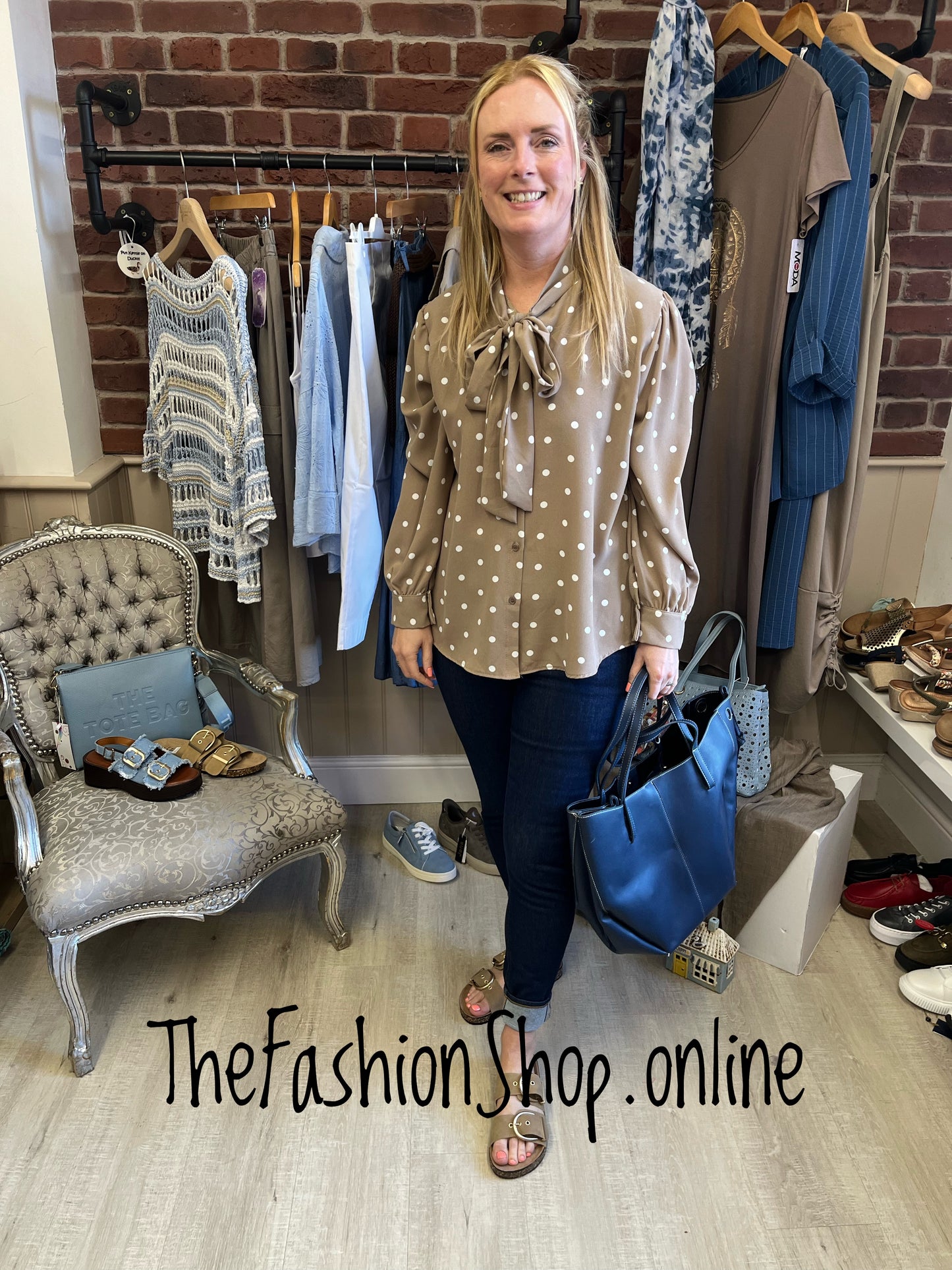 Natalie mocha and white spot tie neck blouse 10-14