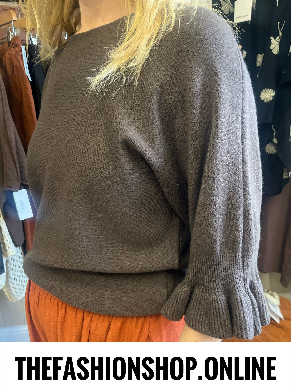 Tess brown jumper with frill sleeve 8-14