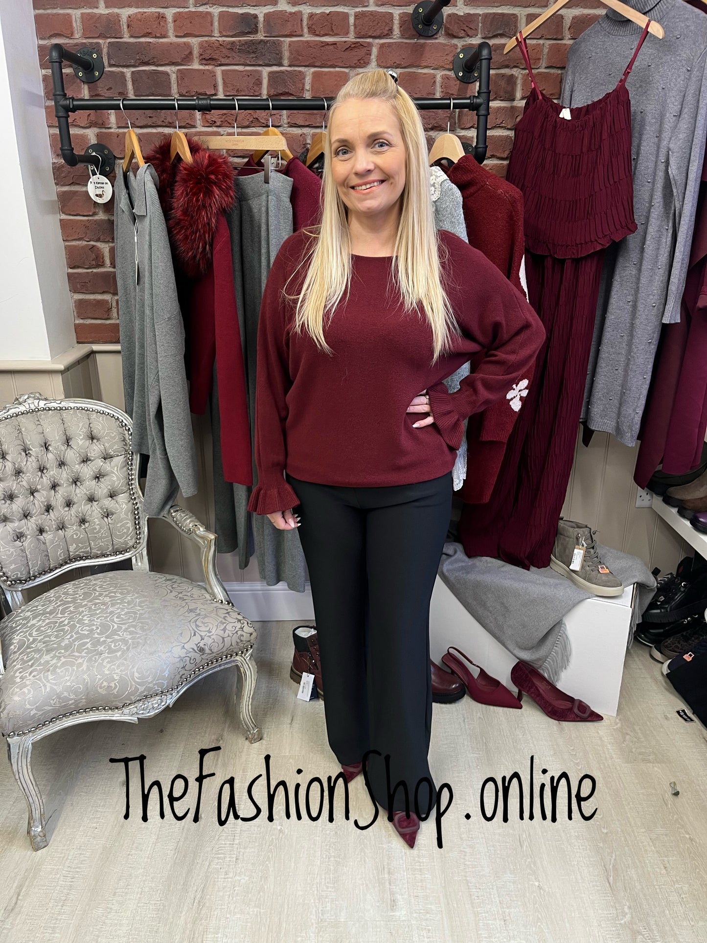 Della wine frill cuff jumper 8-16