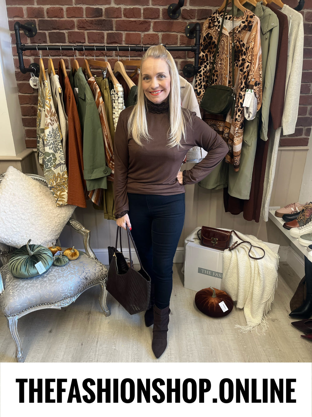 Riva brown ruffle neck top 8-16