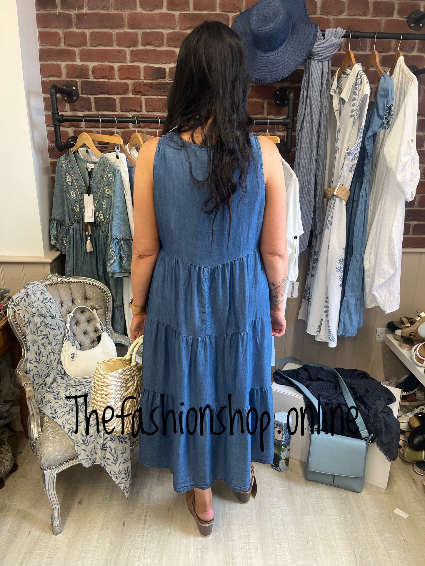 Fly out tiered denim dress 10-16