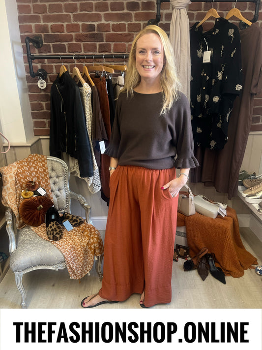 Tess brown jumper with frill sleeve 8-14