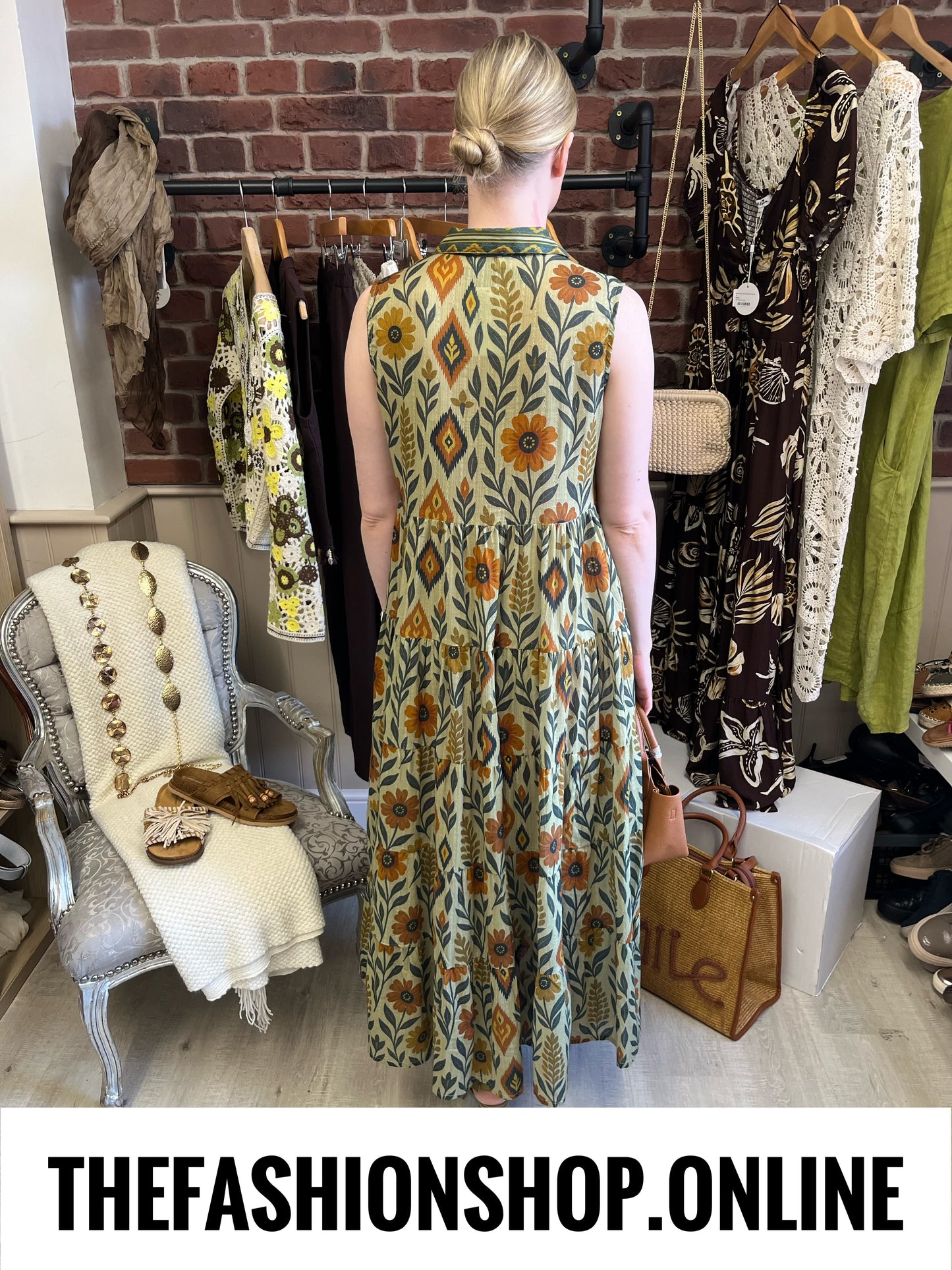 Reese khaki floral leaves tiered dress sizes 10, 12 and 14