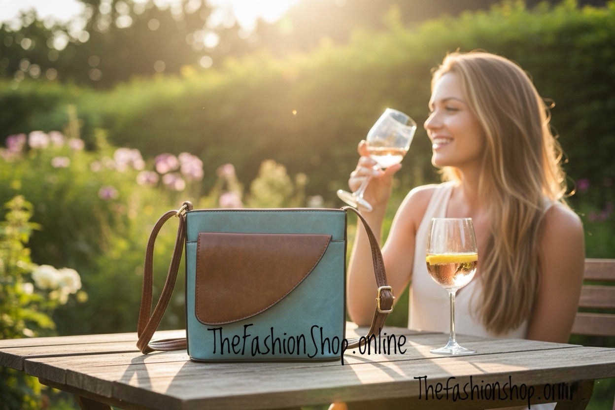 Ladies Binocular Cross Body Bag in Blue and Tan